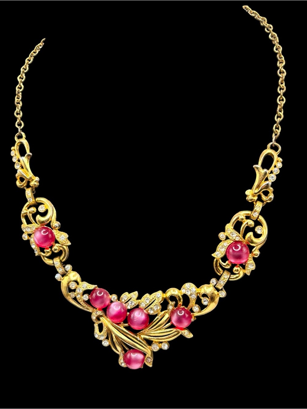 Vintage Pink Moonglow Lucite Rhinestone Scrolled Link Necklace